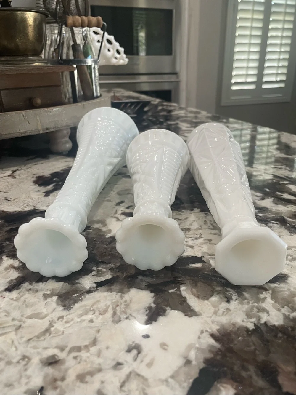 White Milk Glass Geometric Bud Vases Assorted Shape Size Set of 3 - Vintage